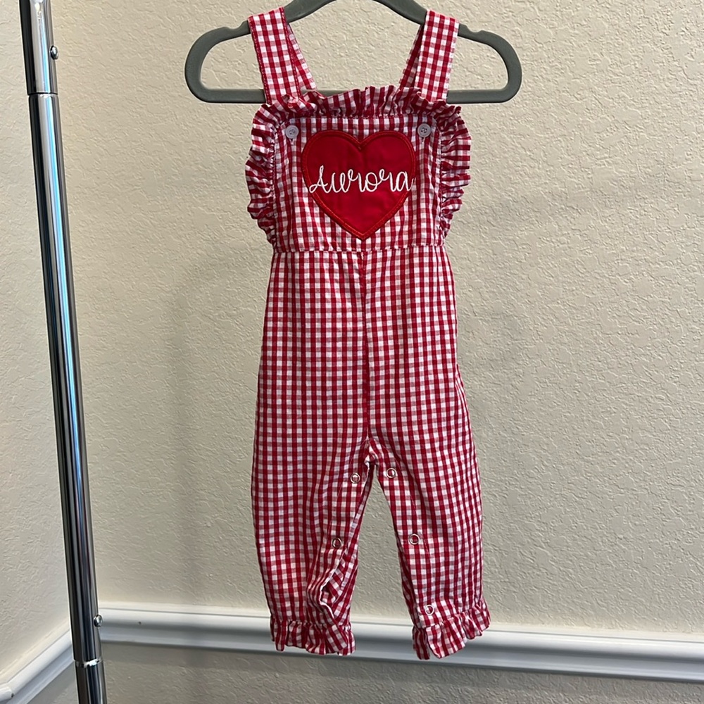 Aurora Heart Valentine’s Red and White Plaid Girl Overalls